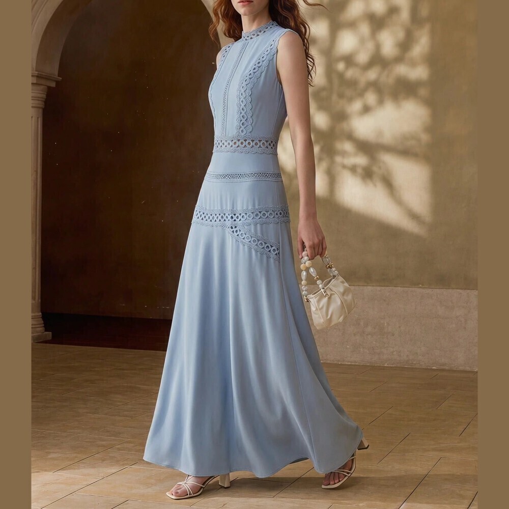 Dusty Blue Crochet Lace Trim Sleeveless Maxi Dress - Picture 7 of 7